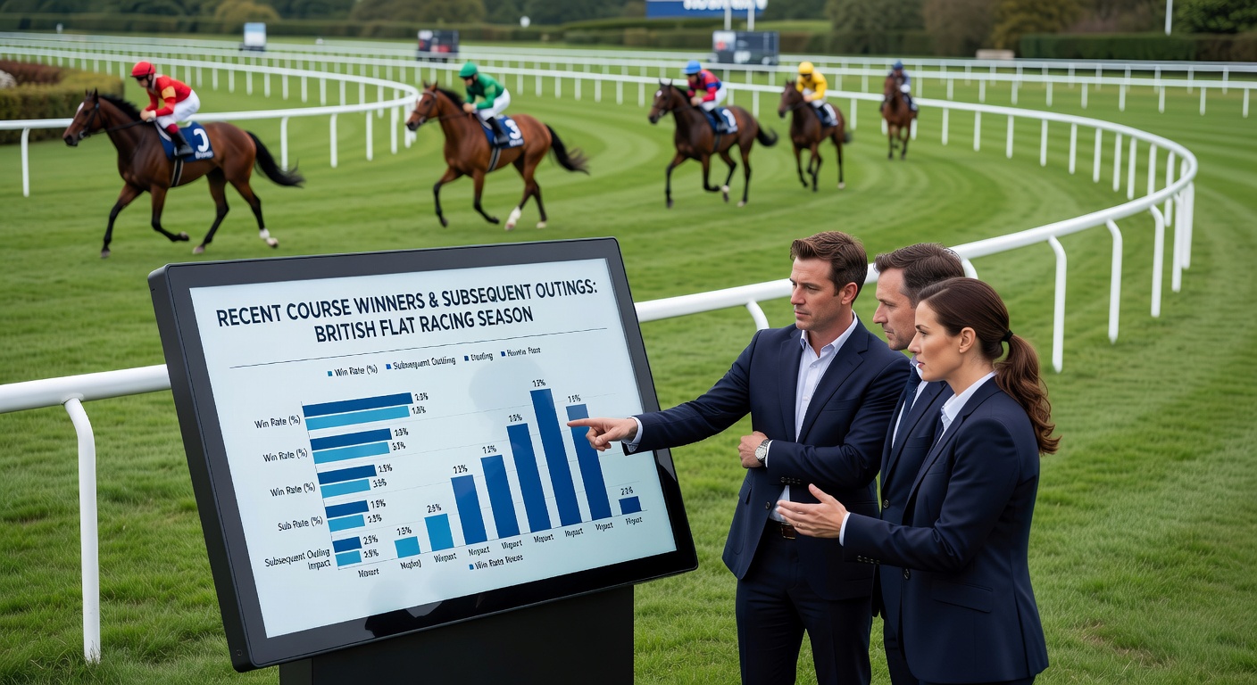 Thoroughbred horses rounding a bend on a British flat racetrack under clear skies with trainers and officials nearby