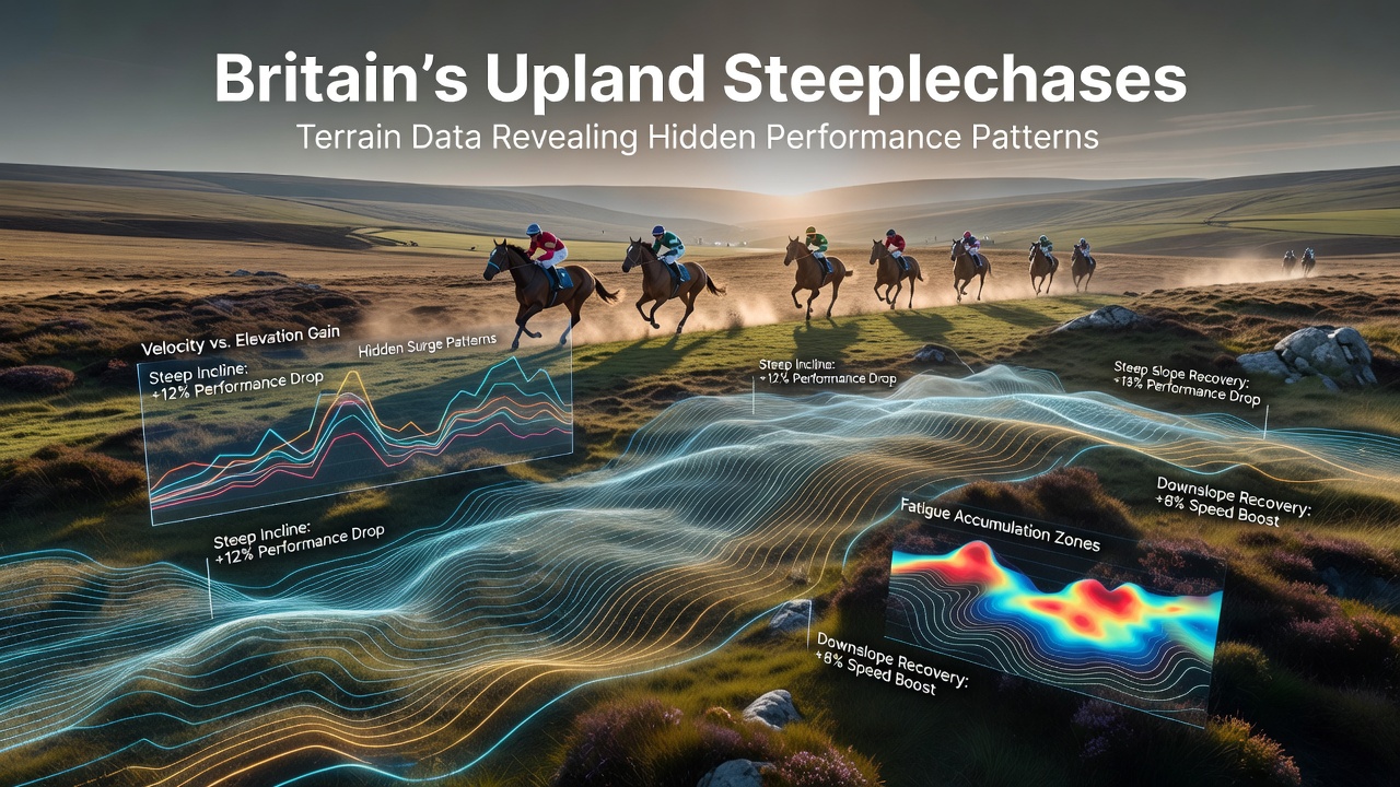 Aerial view of an upland steeplechase course in Britain highlighting hilly terrain features and race paths