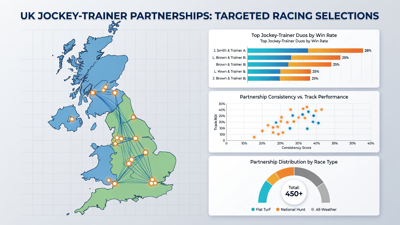 Infographic displaying top jockey-trainer combinations at UK tracks with win percentage breakdowns