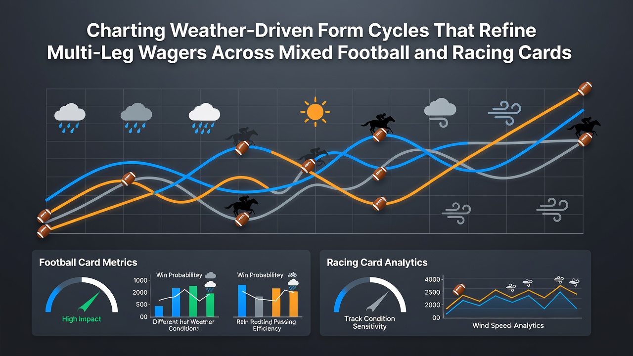 Weather charts overlaid on football pitch and racing track diagrams showing data correlations