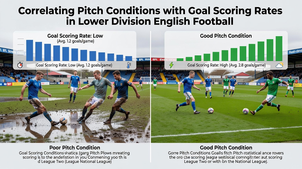 Football match in progress on a damp lower league pitch with players navigating uneven turf