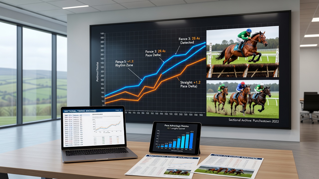 Sectional timing data overlay on an Irish chase racecourse showing split times and pace profiles