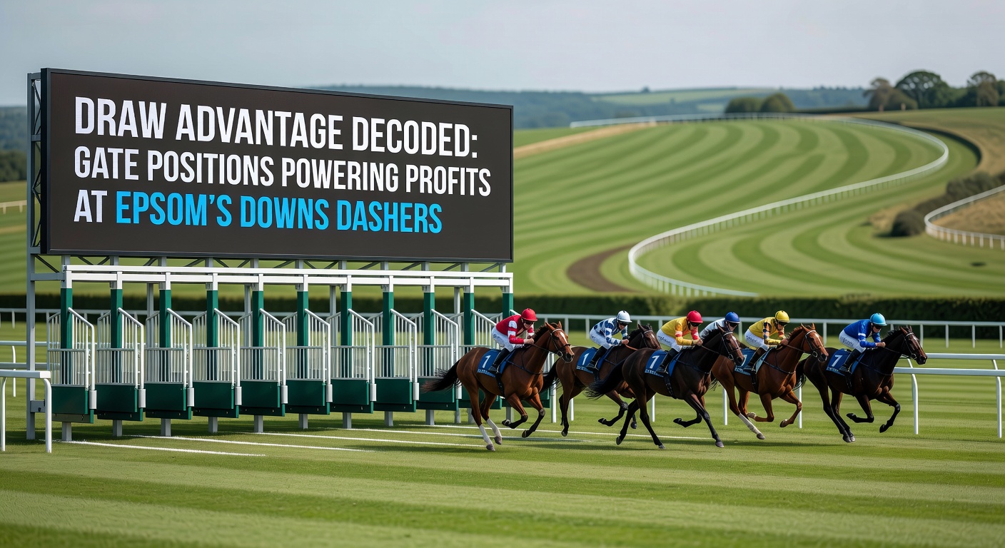 Aerial view of Epsom Downs racecourse during a sprint race, highlighting starting stalls on the straight five-furlong course