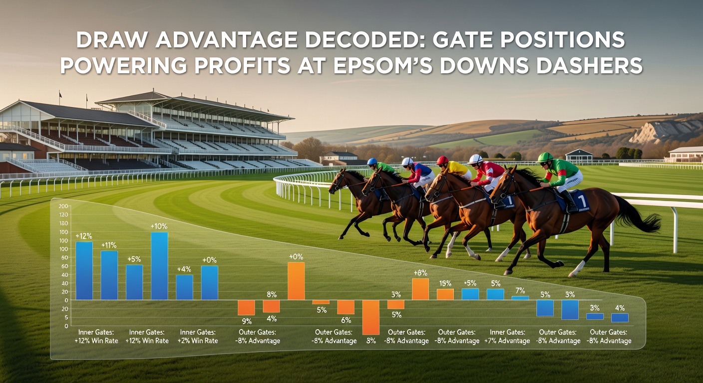 Close-up of horses bursting from the stalls at Epsom Downs, with low-numbered gates nearest the rail in a packed five-furlong field