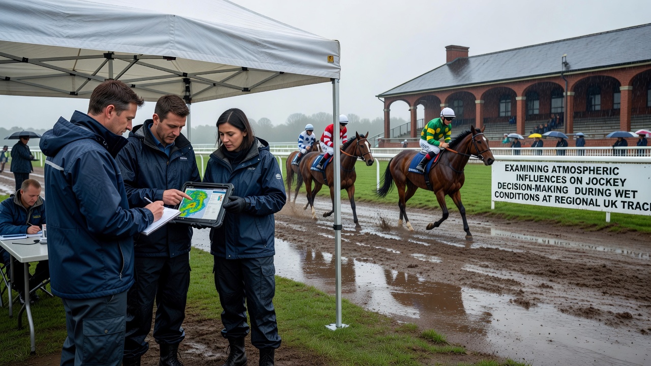 Close-up of jockeys assessing wet track conditions during a regional UK horse race