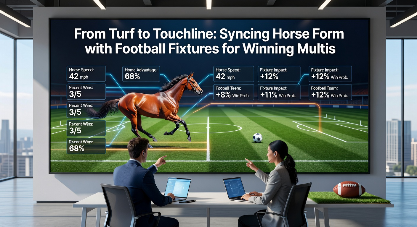 A dynamic split-image showing a horse thundering down the turf alongside a packed football stadium under floodlights, symbolizing the blend of racing and soccer for multi-bets