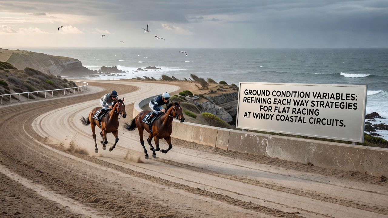 Aerial view of a windy coastal flat racing circuit showing exposed turf and sea breeze effects on the track
