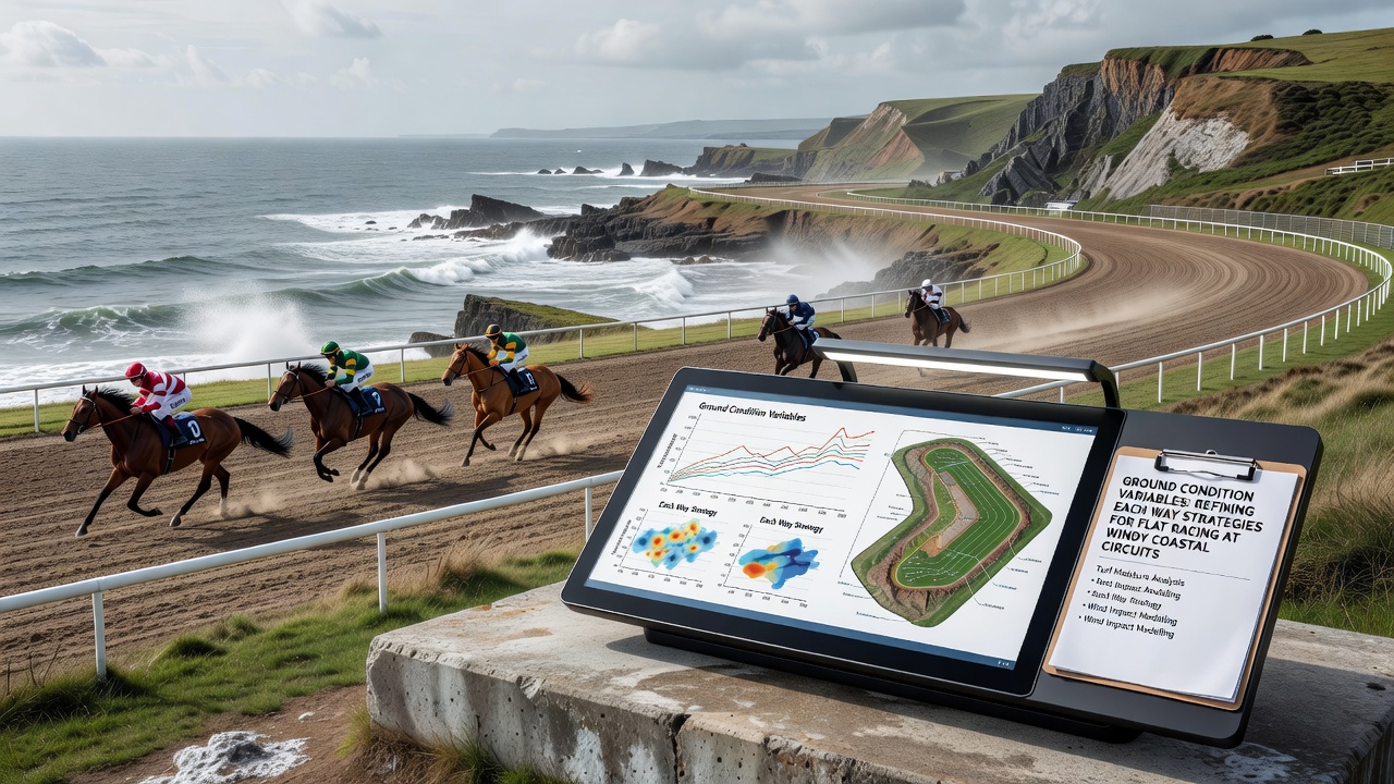 Horses racing on a coastal flat track with visible wind influence on jockey positioning and turf conditions