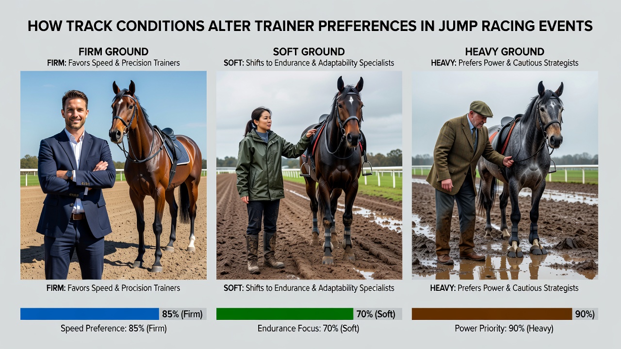 Trainers reviewing track conditions and horse performance data ahead of jump racing fixtures