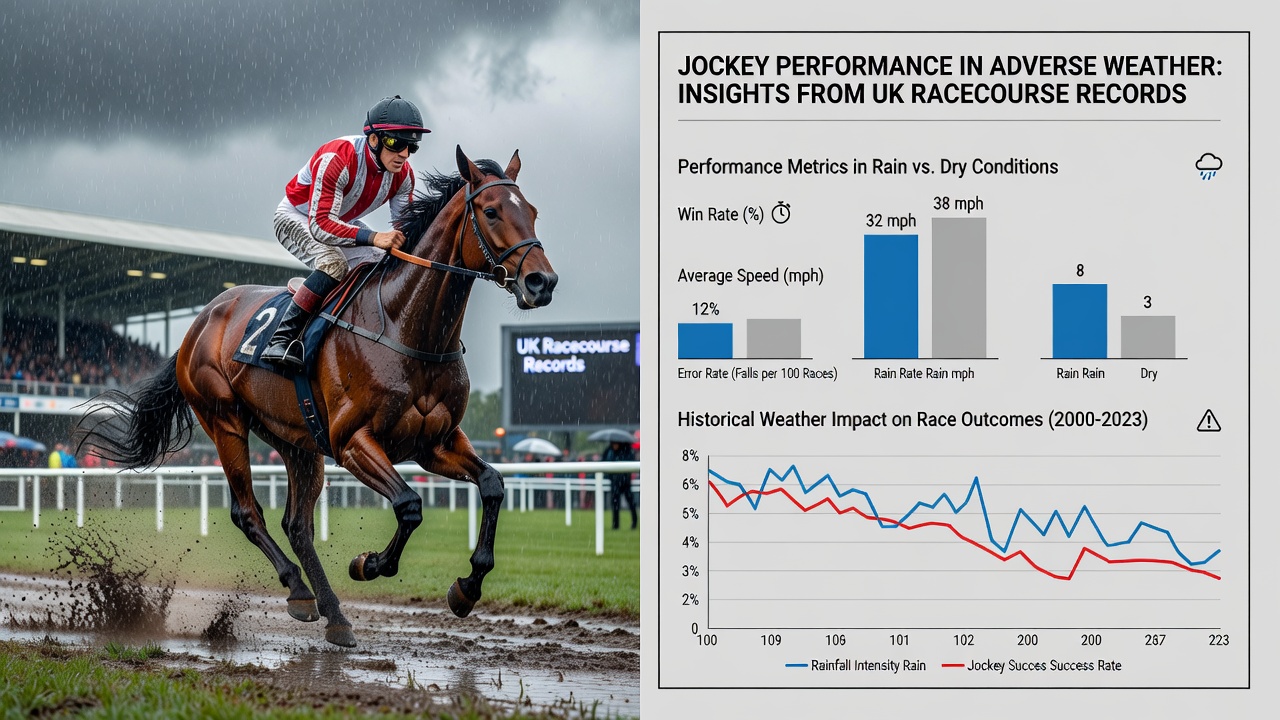 Detailed view of jockeys competing on a rain-soaked UK track with visible weather impacts on the surface