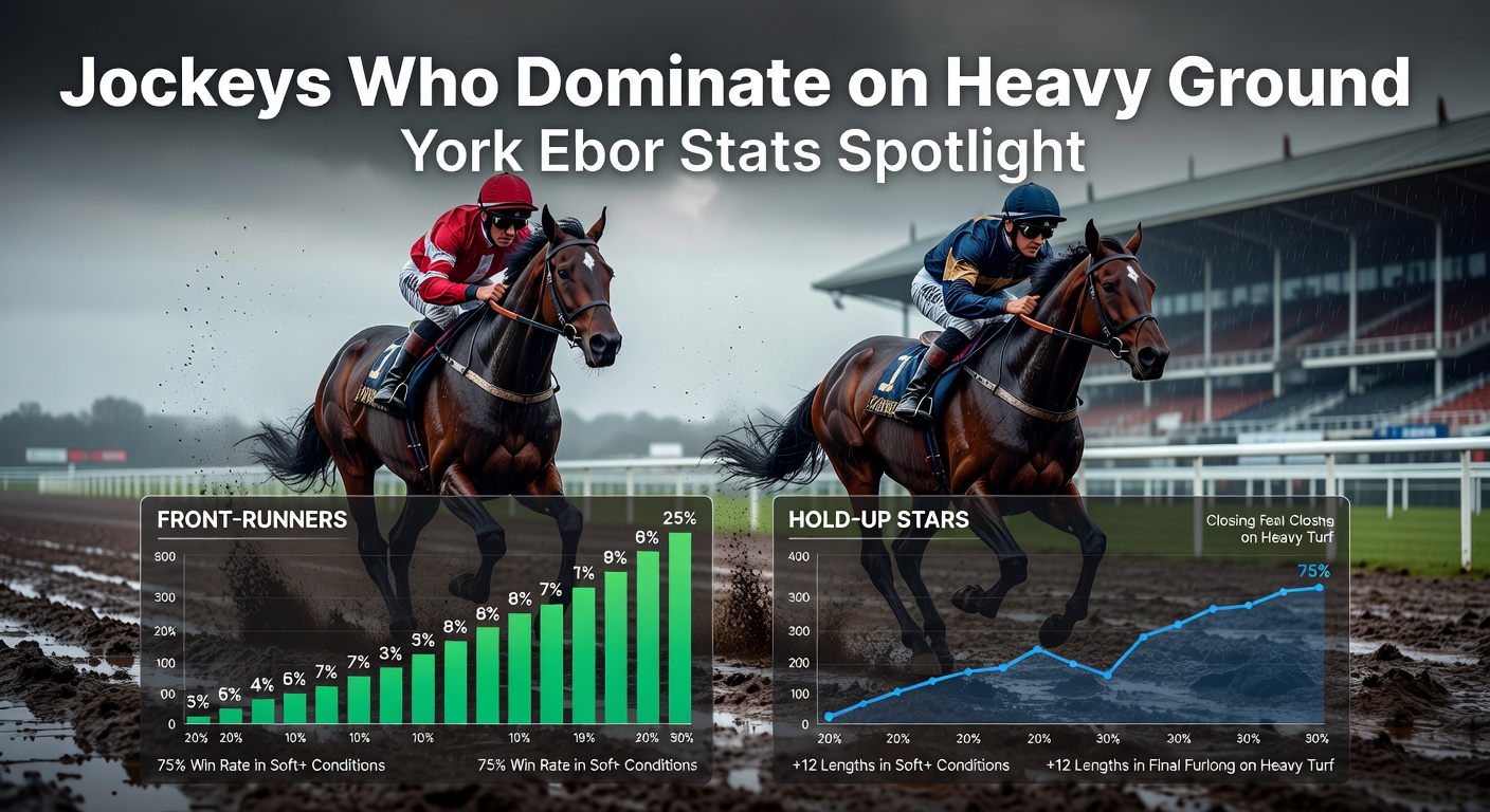 Jockey guiding horse through heavy mud at York racecourse during Ebor meeting, splashes flying as it powers down the straight