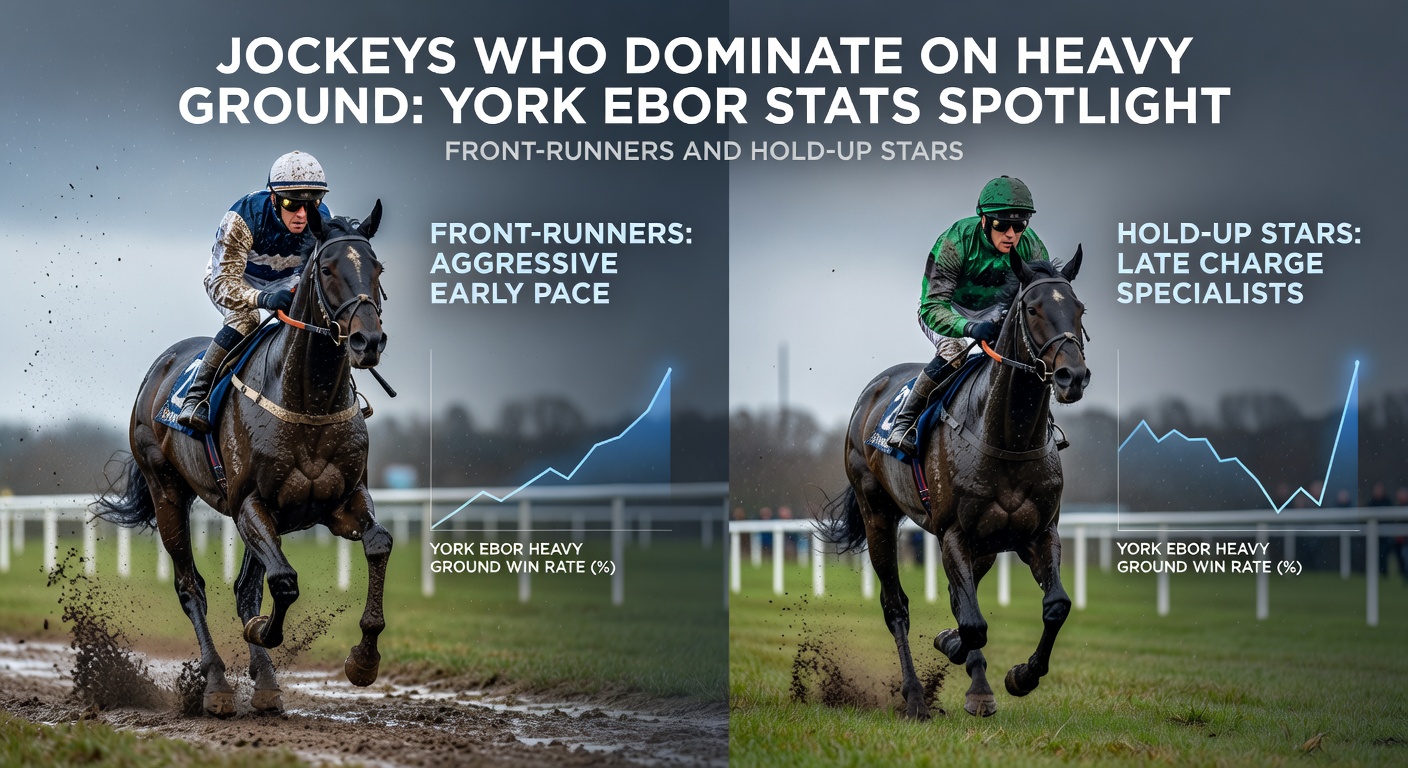 Close-up of hold-up jockey urging horse forward in final furlong on heavy York turf, rivals fading behind amid spray