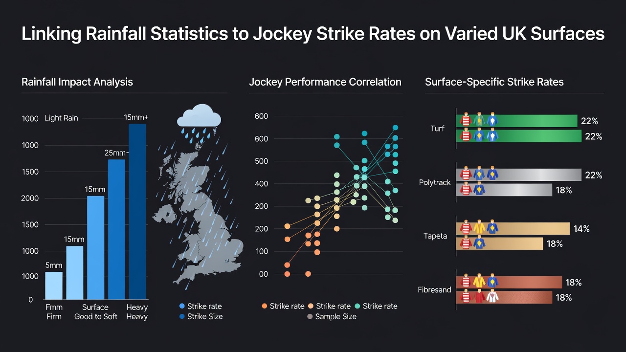 Jockey navigating a rain-affected all-weather track during a UK race meeting