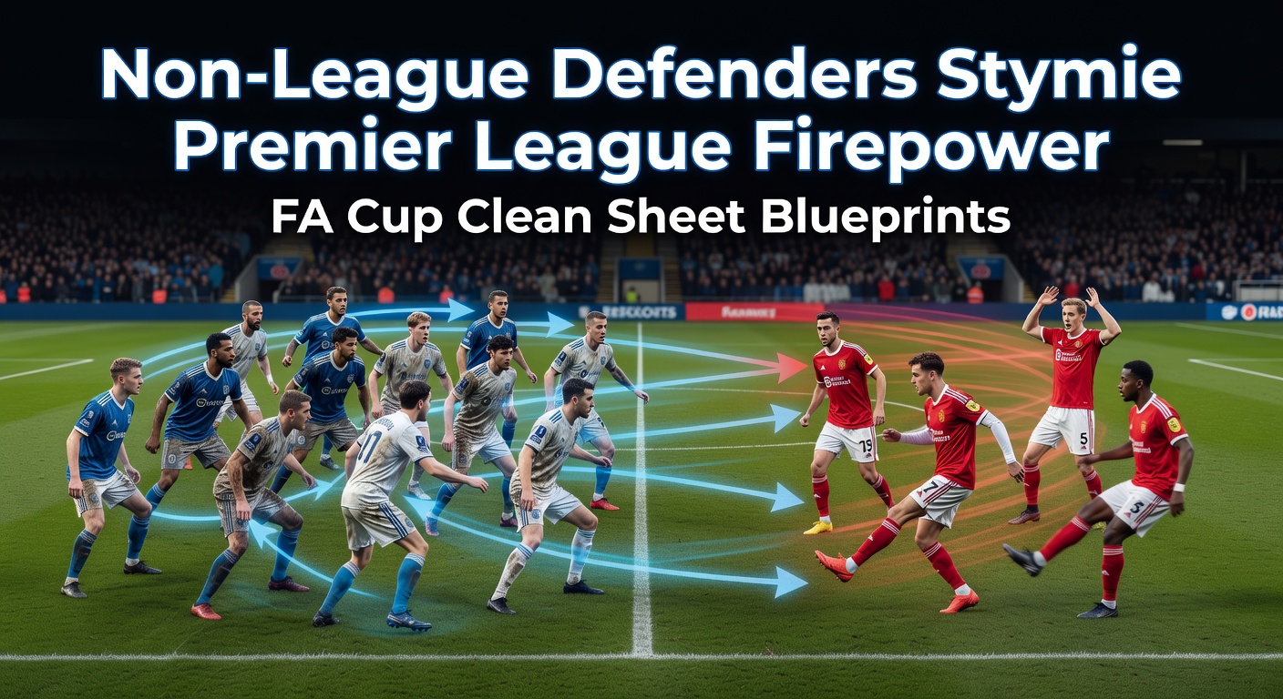 Non-league defenders forming a solid wall against a Premier League attack in an FA Cup clash, highlighting tactical resilience