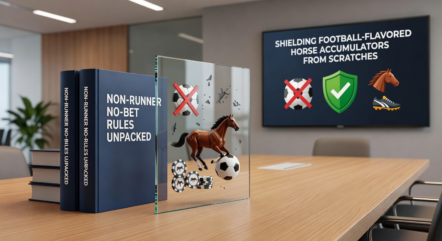 Horse racing starting gates with jockeys poised, overlayed with football pitch graphic symbolizing blended accumulator bets