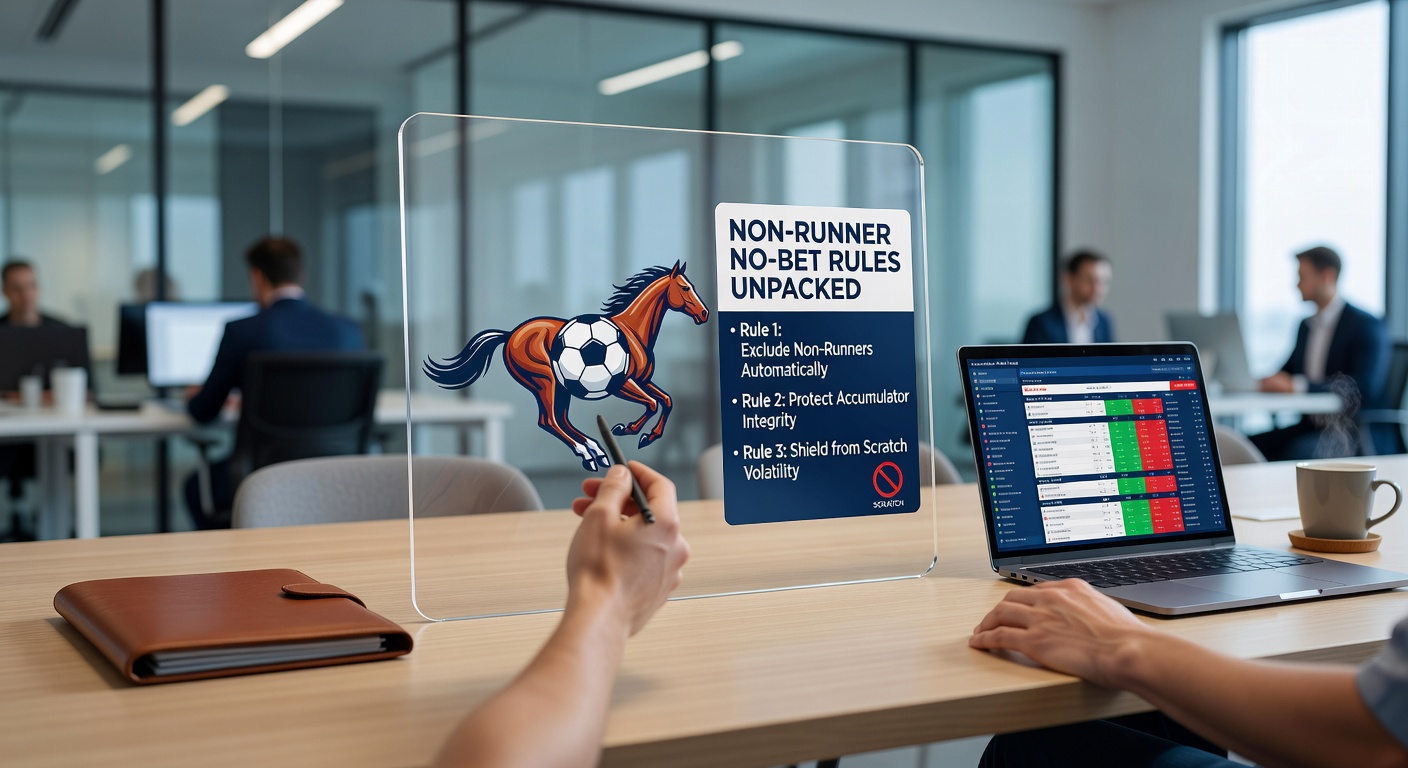 Digital betting slip showing a mixed horse racing and football accumulator with NRNB icon highlighted, alongside a scratched horse notification