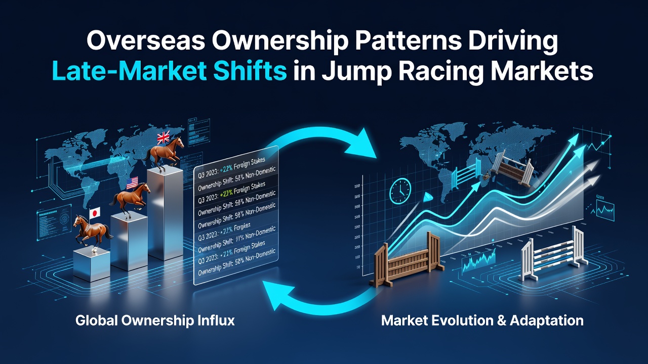 Foreign investors reviewing jump racing ownership documents and market charts