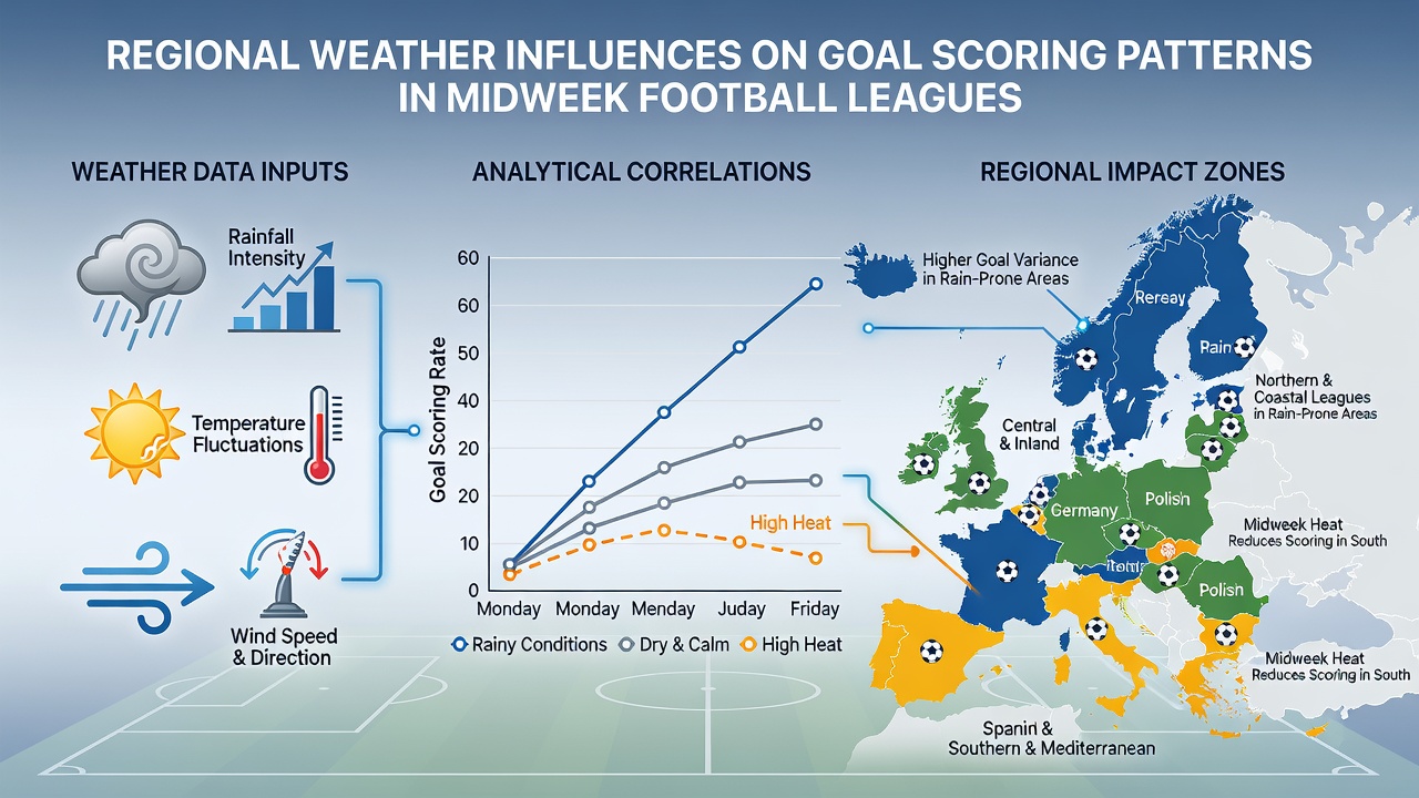 Football pitch under varying weather conditions with temperature and wind indicators overlaid during a midweek league match