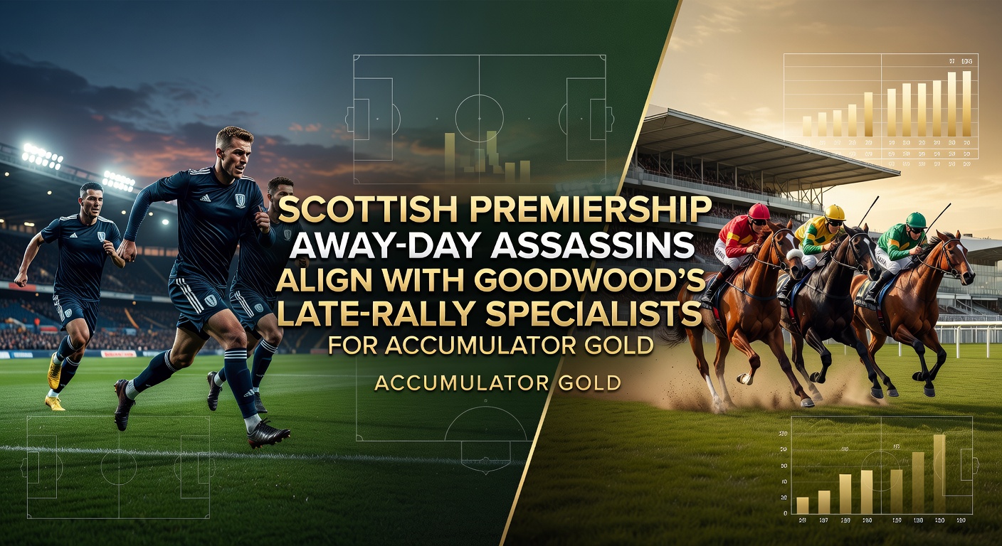 Action shot of Scottish Premiership players celebrating an away goal at a packed stadium, overlaid with Goodwood racecourse finish line drama