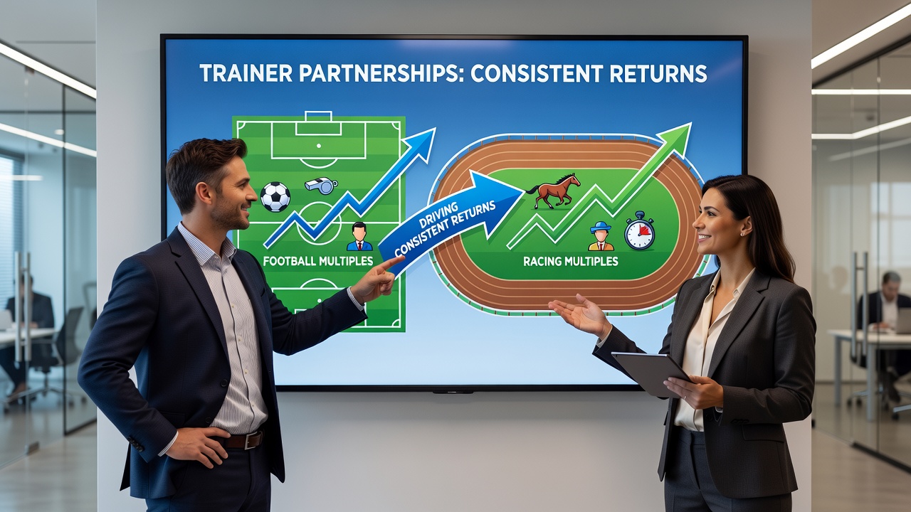 Dashboard displaying trainer performance metrics across racing fixtures and football fixtures for accumulator construction