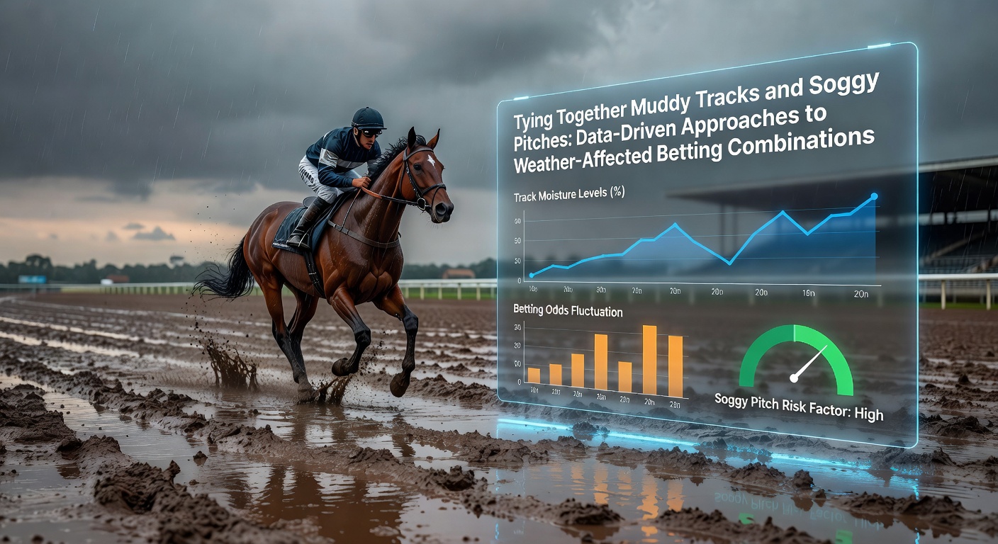 Muddy horse racing track with jockeys navigating wet conditions alongside a rain-soaked football pitch showing players in action